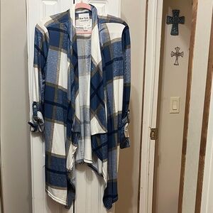 New York Laundry Blue and White Plaid Draped Cardigan with Tan Accents